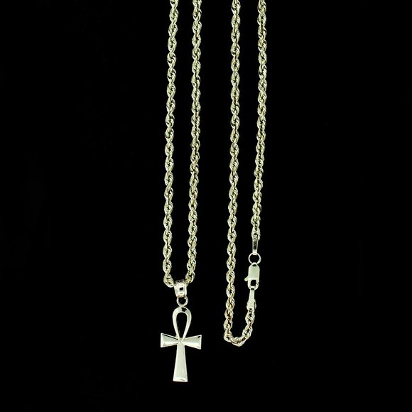 10K Real Gold Rope Chain and Ankh Cross Pendant Set - Picture 1 of 11